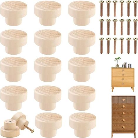 Poignée Meuble Bois 18 Pièces, Bouton de Meuble 30 x 25 mm Ronde en Boutons de Porte pour Cuisine Bouton Tiroir avec Vis pour Placards Boutons de Meuble en Bois pour Armoires (1/5)