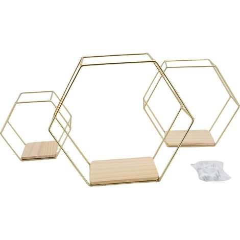 3PCS Étagères Flottantes Hexagonales Métal Bois – Murale Moderne Rangement Décoration Chambre Salon Cuisine, Doré (1/3)