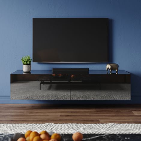 ELEGANT Modern TV Stand with Drawer, Wall-Mounted/Floor Standing, Separate Storage Compartment Suitable for Living Room and Bedroom, Black, 1400x400x300mm (1/5)
