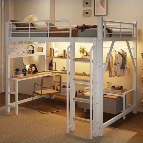 Cama infantil alta 140x200 con escritorio, almacenaje, LED y USB, blanco HAVRYA (1/5)