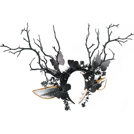 Christmas headband with reindeer antlers, gothic dark reindeer ears, black floral butterfly headband, party photo accessory. (1/5)