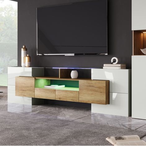 Stilvoller TV-Schrank, Lowboard.hochglänzendes Weiß, 200 cm, LED-Beleuchtung, Wohnzimmermöbel.  modernes Design. elegante Glasoberfläche. (1/5)
