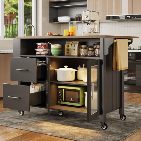 Îlot de Cuisine Mobile - 139x40x94.5cm - Plan de Travail Pliable & Vitrine LED - Noir (1/5)