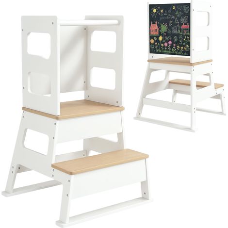 Tour Montessori pour enfants avec tableau noir et rambarde. en bois. 55 x 52.5 x 87.5 cm. blanc et bois. (1/5)