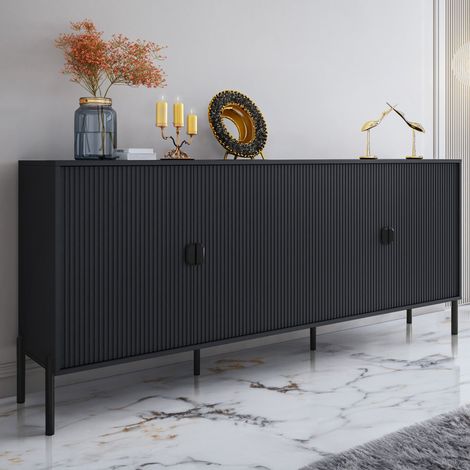 Vitrine Anrichte, Schubladen, 4 Regale, Flügeltüren, 203x49x83h cm Schwarz (1/3)