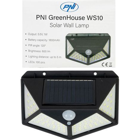 Lampe solaire LED - PNI GreenHouse WS10 - 100 LED - 600 lm - Détecteur de mouvement 120°