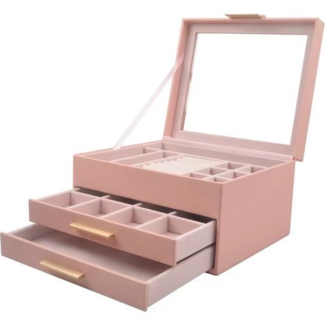 Coffret à bijoux avec couvercle en verre, 3 niveaux et 2 tiroirs, grand espace de rangement pour bijoux (rose) (1/5)