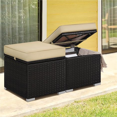 Yaheetech Poufs en Rotin pour Extérieur 2 pcs, Lot de 2 Ottomanes de Jardin en Rotin de Rangement avec Coussin 40 x 40 x 41 cm pour Amenagement Balcon Terrasse Marron/Kaki (1/5)