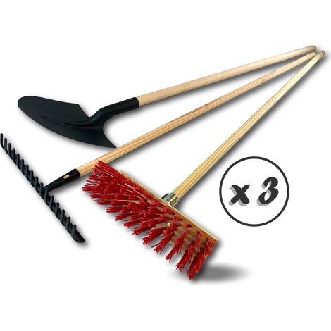 Lot rateau + pelle ronde + balai de cantonnier PVC 32 cm Manche en bois - Quantité x 3 - Lot Rateau + Pelle ronde + Balai cantonnier (1/5)