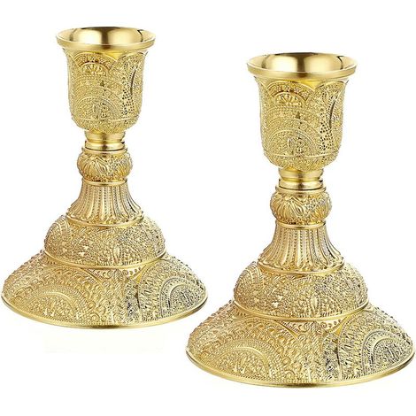 Lot de 2 bougeoirs en laiton, candélabres, bougeoirs piliers en métal vintage, bougeoirs de 4 heures, bougeoirs élégants, dorés (1/5)