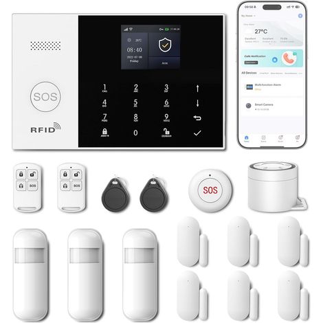 Kit Alarme 20 Pièces, Système Sécurité Sans Fil WiFi, Capteur Fenêtre Porte, Sirène 120dB, Maison Bureau