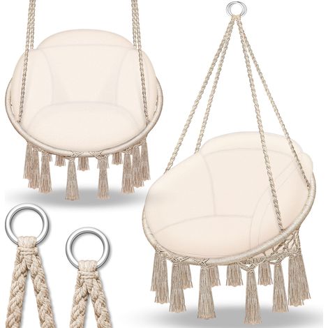tillvex Fauteuil suspendu beige avec grand coussin (200 kg)  Fauteuil suspendu intérieur et extérieur  Panier suspendu résistant aux intempéries  Panier à bascule
