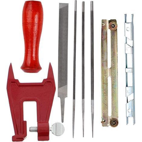 Kit affilacatena per motosega con lime da 5/32", 3/16" e 7/32", manico in legno, indicatore di profondità, guida per la limatura, custodia per attrezzi e morsa robusta per manutenzione professionale. (1/5)