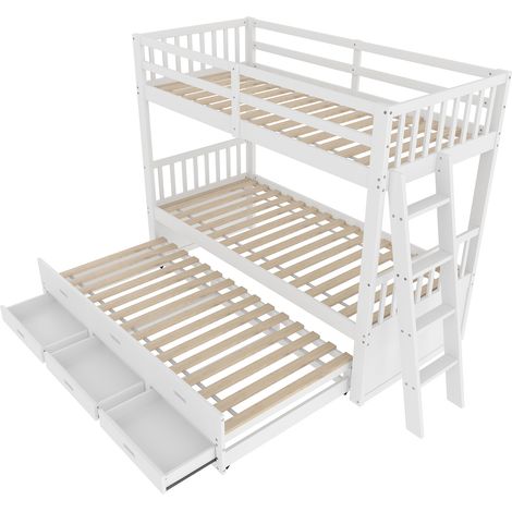 =(WX000121AAK)Lit superposé 90x200 cm, lit enfant, lit cabane pour filles et garçons, cadre de lit en pin et MDF avec échelle et lit gigogne et 3 tiroirs, sans matelas, blanc (1/5)