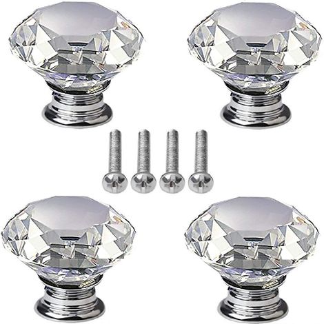 Lot de 4 boutons en cristal, poignées de porte de tiroir/meuble en forme de diamant de 40 mm avec vis, pour la maison, la cuisine ou le bureau. (1/5)