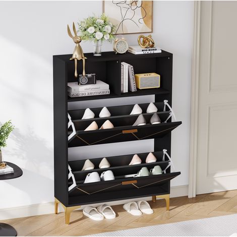 Mobile portascarpe 80 x 25 x 117 cm con 2 ribalte, MDF e metallo nero DESVIAE (1/5)