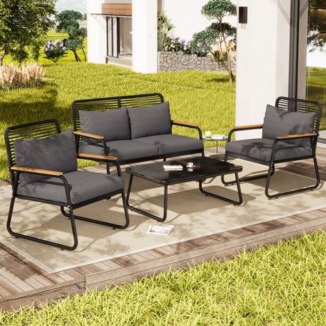 Ensemble de jardin pour 4 personnes noir - Canapé et table structure fer galvanisé, plateau en verre trempé, pieds réglables avec coussins d'assise et dossier inclus (1/5)