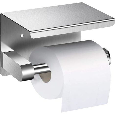 Porte-papier toilette mural acier inoxydable 304 brossé – Montage sans perçage – Étagère intégrée pour accessoires – Argent 13.7x10x10cm (1/4)