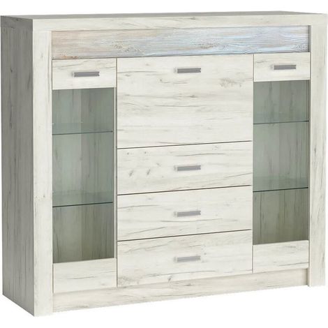 Buffet vitrine bois blanchi - 2 portes 4 tiroirs - Forever - Sans LED (1/4)