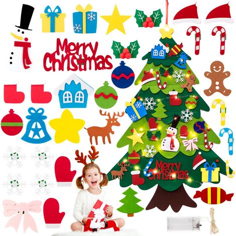 Feutre Arbre De Noël pour Enfants Kit avec 9.8ft/3m LEDs Lumières, Tenture 98×69cm DIY Sapin de Noël en Feutrine A Decorer avec 32 Ornements détachables Deco (1/5)