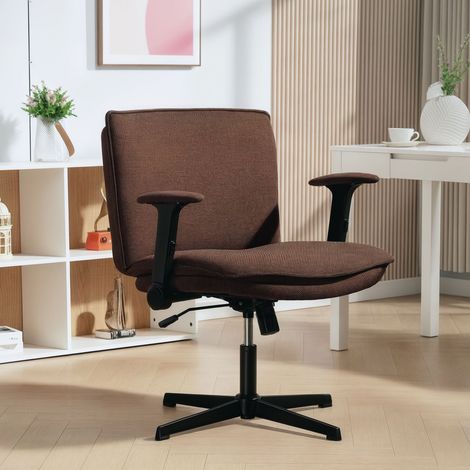 Chaise de bureau pivotante, sans roulettes, à pieds croisés et accoudoirs relevables, assise large et assise large. Hauteur réglable. Couleur : marron. (1/5)