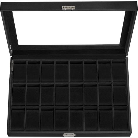 Boîte de rangement verrouillable pour montres avec 24 emplacements, couvercle en verre, cadeau pour vos proches, cuir synthétique noir, doublure noire d'encre (1/5)