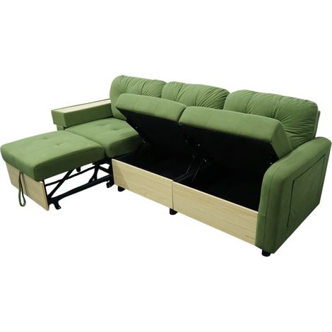 Canapé d'angle modulaire 3 places avec ottomane extensible, port USB, espace de rangement et accoudoir avec table en bois, canapé en velours avec mousse haute densité, canapé de salon en vert (1/5)