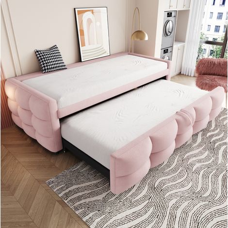 MEUBLIV Canapé lit gigogne 90/180 x 190cm extensible, sommier à lattes en bois,Effet peau d’agneau,style moderne,rose (1/5)