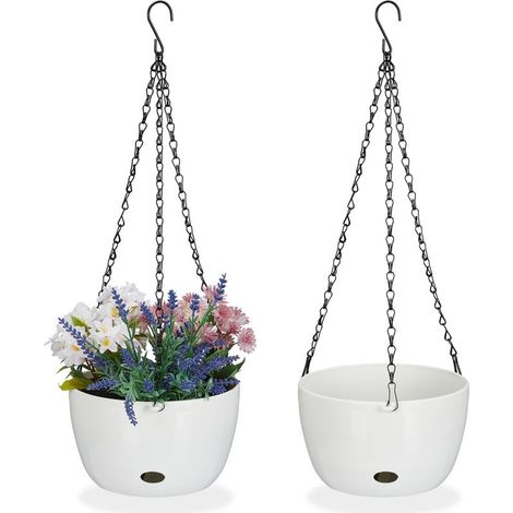 Lot de 2 pots de fleurs suspendus avec réservoir d'eau – Dimensions H 56 cm x D 20,5 cm – Trou de drainage – Plastique blanc (1/5)