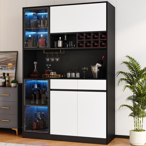 Aparador alto vitrina con led - 120 x 35 x 180 cm - mueble de salón y cocina con botellero - estilo moderno de mdf - blanco y negro (1/5)
