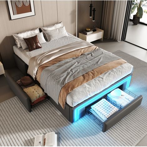 Cama moderna 90x200 cm gris en polipiel, con cajones integrados, somier de láminas metálicas y LED (1/5)