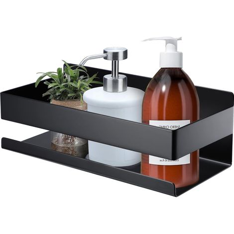 Étagère de salle de bain adhésive, organisateur de douche, panier de douche en acier inoxydable, porte-shampoing noir (1/4)