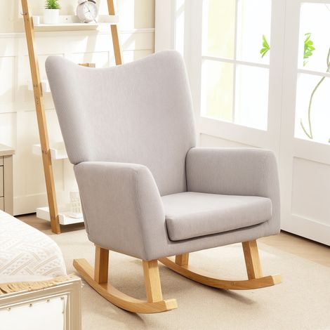 Sedia a dondolo in stile retrò, rivestimento in velluto a coste, legno di caucciù, imbottitura in schiuma, schienale alto, poltrona imbottita, grigio chiaro