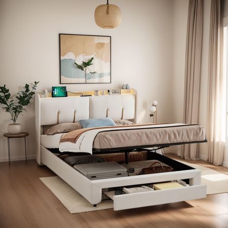 Lit coffre 160 x 200 cm, lit 160x200 avec sommier, lit double avec tiroir, cadre de lit, avec LED et port USB, beige, velours