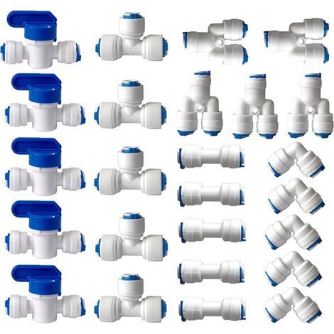 Wasserfilter-Osmoseanschluss, 1/4" (6MM) Pushfit-Direktanschluss für Wasserfilterrohre, Anschlüsse für Kühlschrankrohre (Y-, T-, I-, L-Form + Absperrventil), 25 Stück