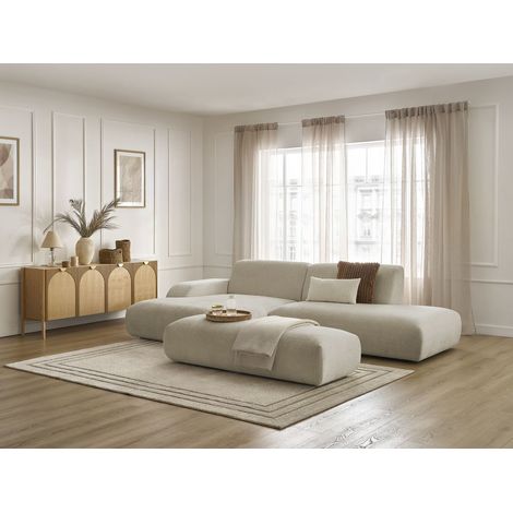 BOBOCHIC - Canapé d'angle fixe SIRIUS tissu texturé avec grand pouf Angle gauche  Beige (1/5)
