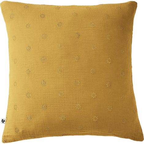 OUREA MOTIF - Taie d'Oreiller 60x60cm Gaze de Coton Safran à Fleurs Ajourées (1/5)