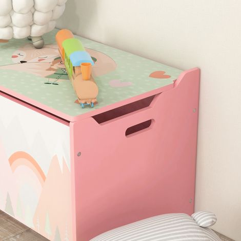 Boîte de rangement pour jouets enfants, 60x37x39cm, en panneau MDF rose, avec couvercle verrouillable et système de sécurité à cadenas (1/5)
