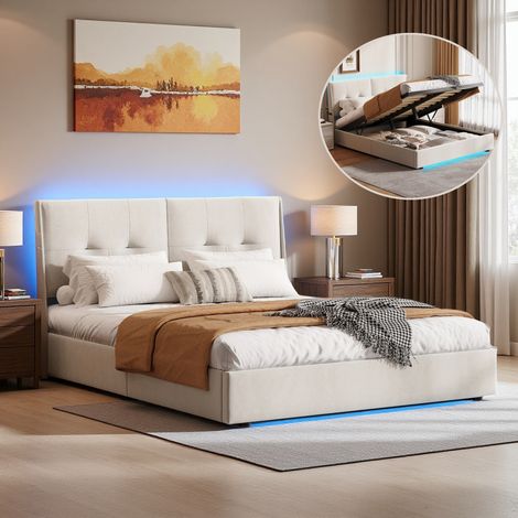 Lit coffre adulte 140x190 cm avec LED - Lit 2 personnes avec rangement hydraulique et tete de lit rembourré - LED - Sommier à lattes - Tissu en velours - Beige (1/5)