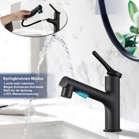 Robinet de salle de bain noir mat avec douchette extractible, mitigeur lavabo à 3 modes de contrôle, mitigeur fontaine, robinet d'évier pour salle de bain (1/5)