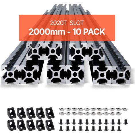 Profilés d'Extrusion en Aluminium 2020, Lot de 10, Rail Linéaire Anodisé Norme Européen Rainure en T 2000 mm, Haute Résistance, pour Imprimante 3D, Machine Bricolage CNC, Gravure au Laser, Noir (1/5)