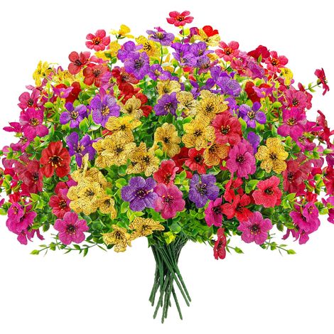 12 Bundles Artificial Flowers Faux Plants Outdoors Spring Summer Decoration Fake Silk Realistic UV Resistant Colorful Daisy for Outside Home Porch Patio Yard Decor