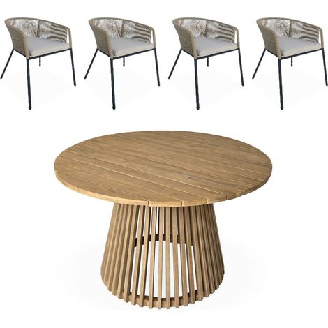 Table à manger bois d'acacia ronde. intérieur / extérieur + 4 fauteuils en corde beige et acier (1/5)