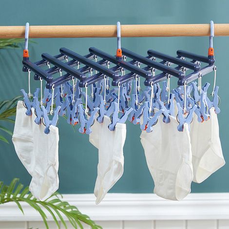 Étendoir à linge pliable en plastique à plusieurs têtes, avec pinces multiples pour chaussettes et sous-vêtements, coupe-vent et multifonctionnel, violet foncé classique, 29 pinces. (1/5)