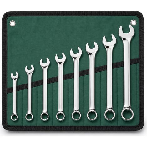 Set of 8 combination spanners with ring and open end, mirror polished finish