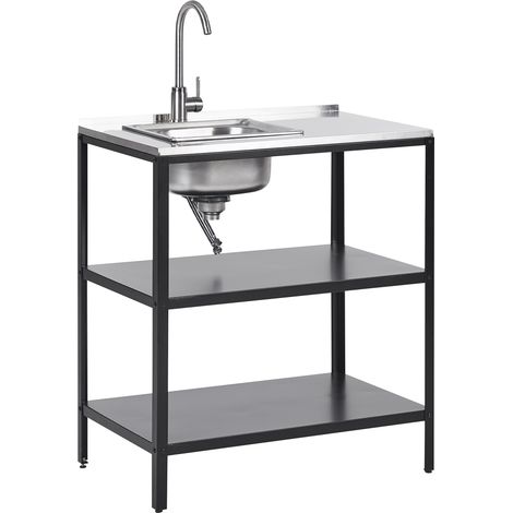 Cocina exterior de acero isla con fregadero caño monomando estantes encimera de acero inoxidable 80x50x92 cm negro Vilama
