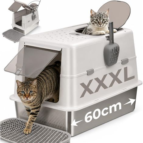 Bac à litière XXL en acier inoxydable avec couvercle – 60 x 43 x 40 cm – Grand bac à litière fermé à 120 ° – Anti-fuite pour les grands chats – Avec escalier à litière et pelle – Gris (1/5)