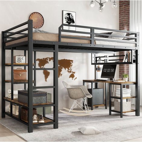Letto a soppalco per bambini con scrivania, ripiano e scala 4 gradini 120x200 cm nero HAVRYA (1/5)