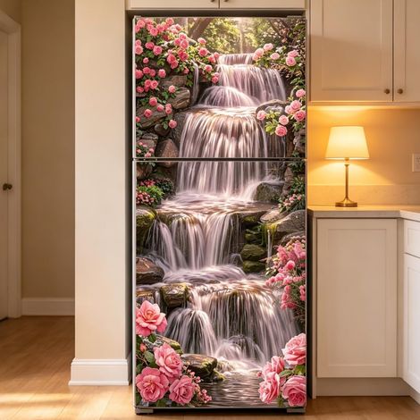 2 feuille D'Autocollants pour Porte de Réfrigérateur « Cascade de Roses » Revêtement Mural Adhésif Amovible 3D à Motif Paysage pour Porte de Réfrigérateur pour la Décoration de la Cuisine (1/5)