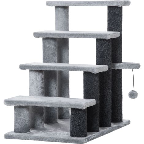 Escalier à chat 4 marches avec plateforme et balle de jeu en jute et peluche grise, hauteur 64 cm (1/5)